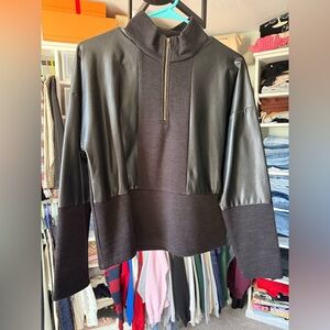 THML Black Faux-Leather Paneled Half-Zip Pullover